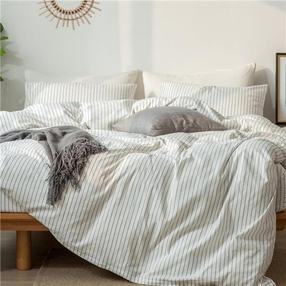 Striped Duvet Cover Set 100% Washed Cotton Linen Like Textured Breathable